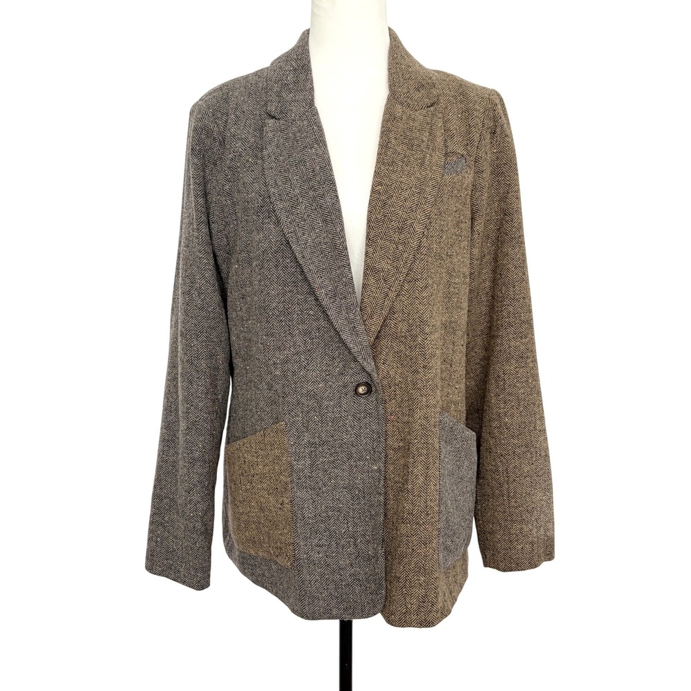Democracy Women Two Tone Color Block Herringbone Blazer Jacket Medium Brown Gray